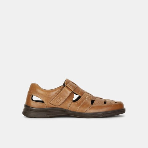 Scholl tan leather fishermen shoe-style sandals with velcro closure for men